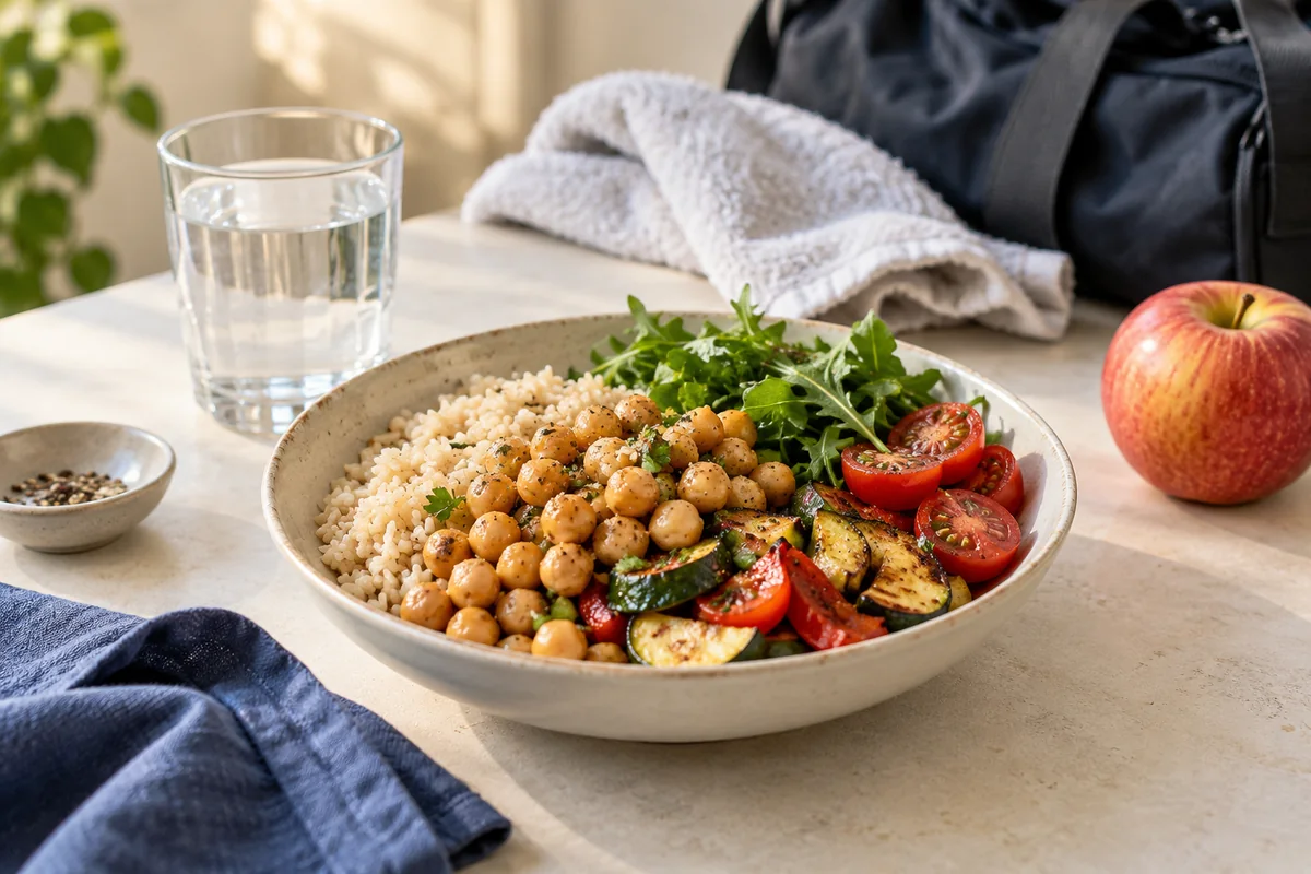 Bol con arroz, garbanzos y verduras junto a fruta y agua, cerca de una bolsa de entrenamiento.