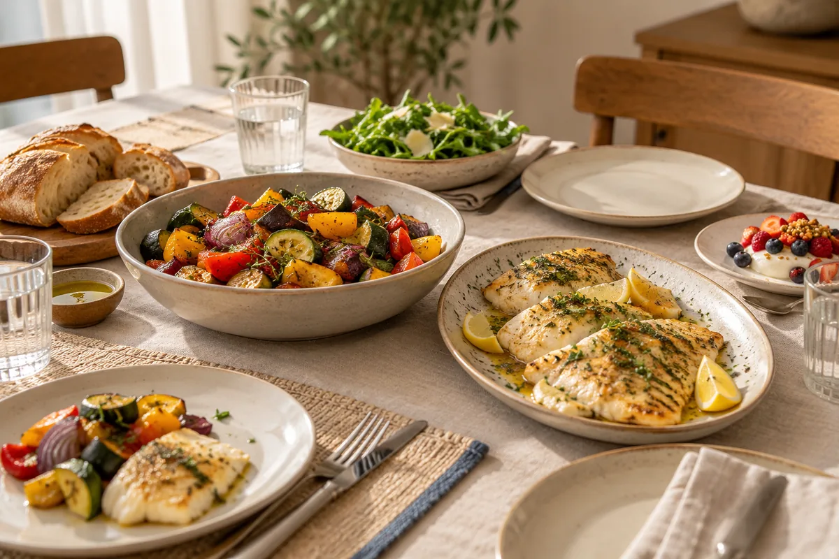 Mesa compartida con pescado, verduras, pan, agua y un postre.