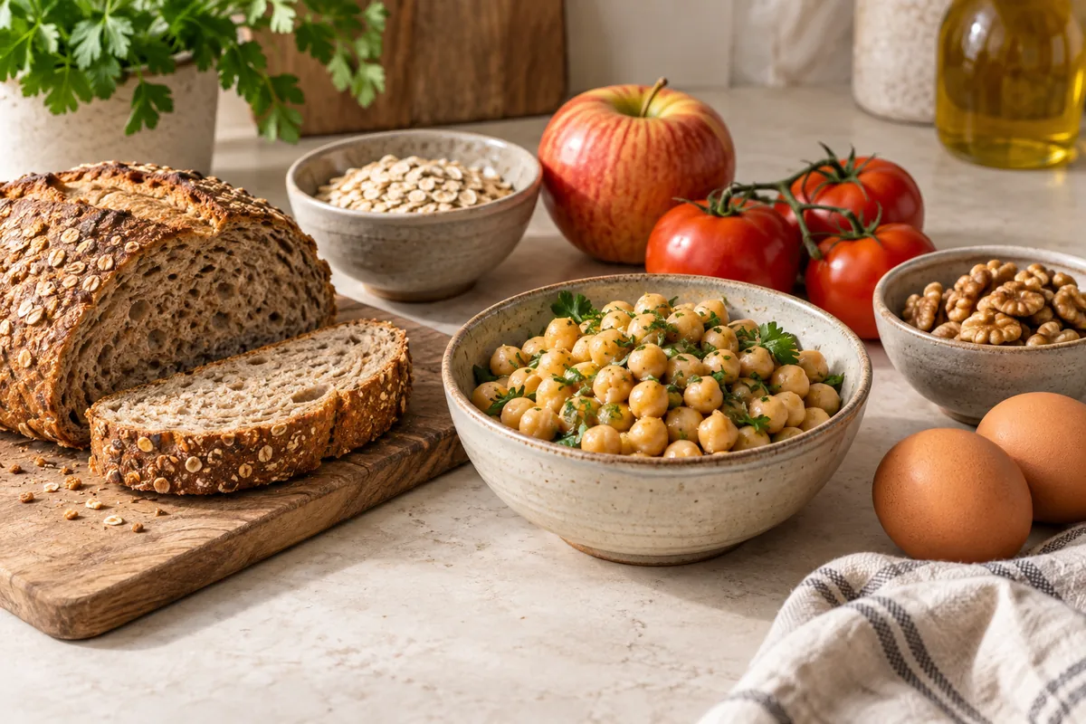 Variedad de alimentos cotidianos sobre una mesa: pan, avena, legumbres, fruta y huevos.