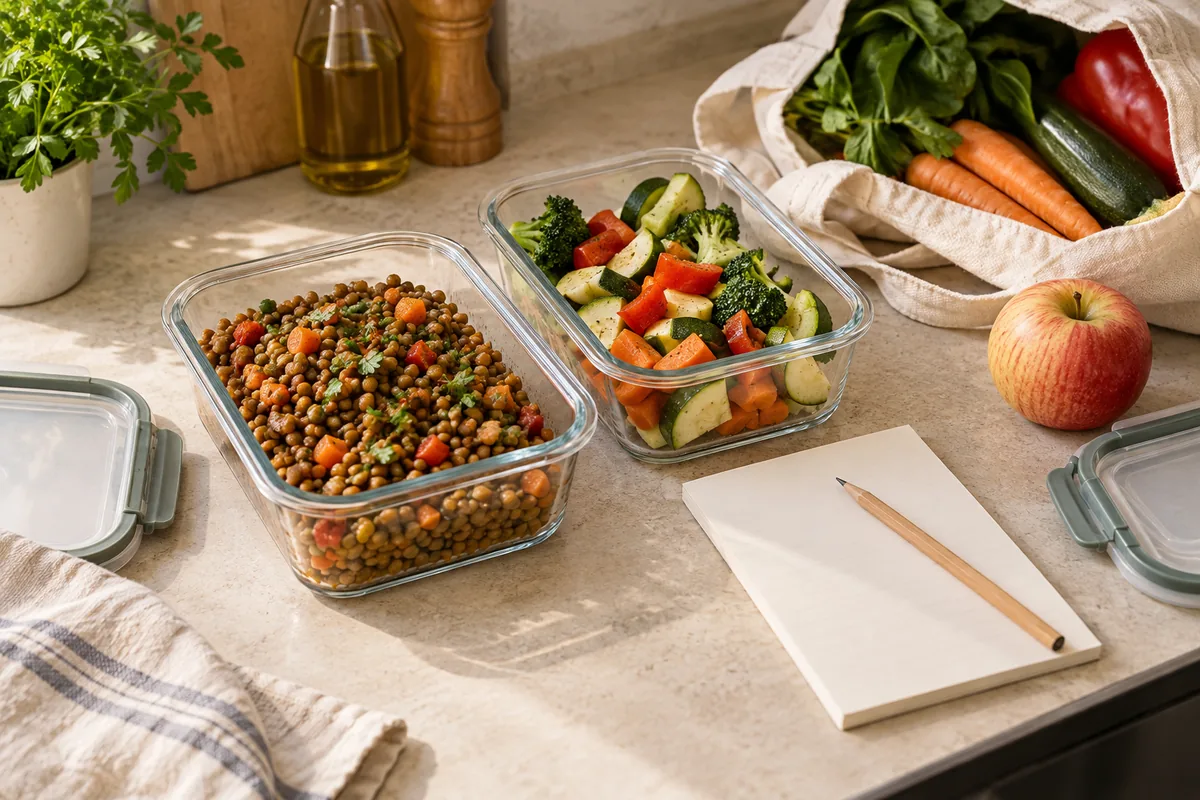 Recipientes con legumbres y verduras junto a ingredientes y una lista de compra.