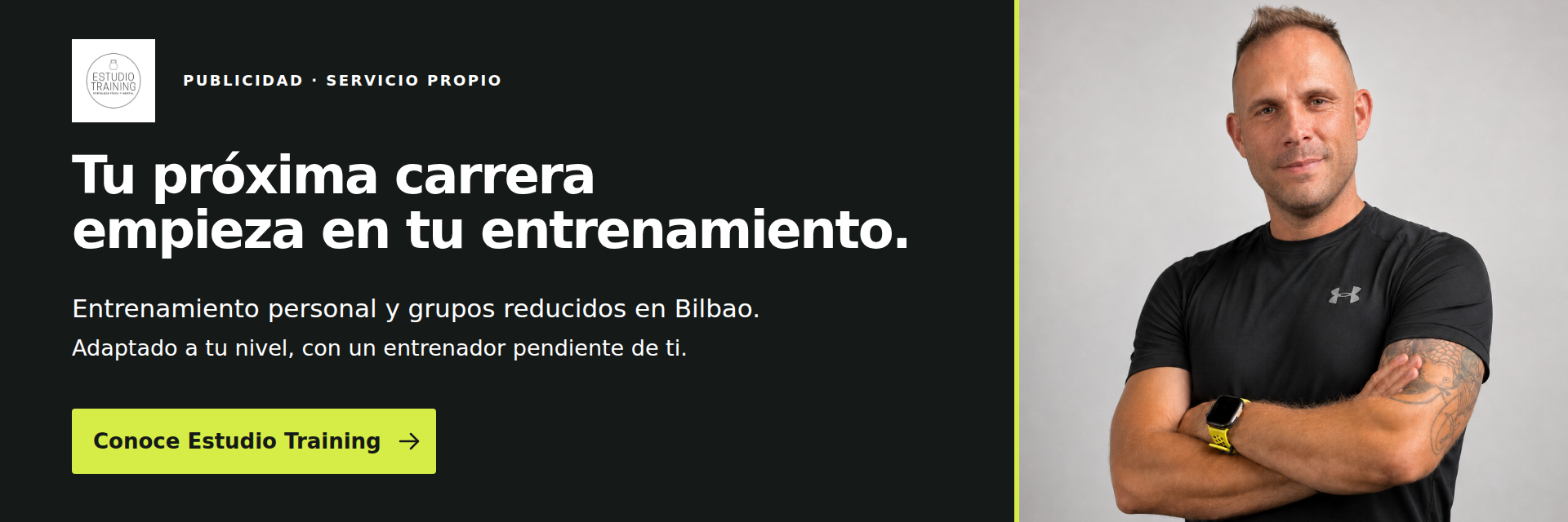 Estudio Training: entrenamiento personal y grupos reducidos en Bilbao, banner con fotografía de entrenador
